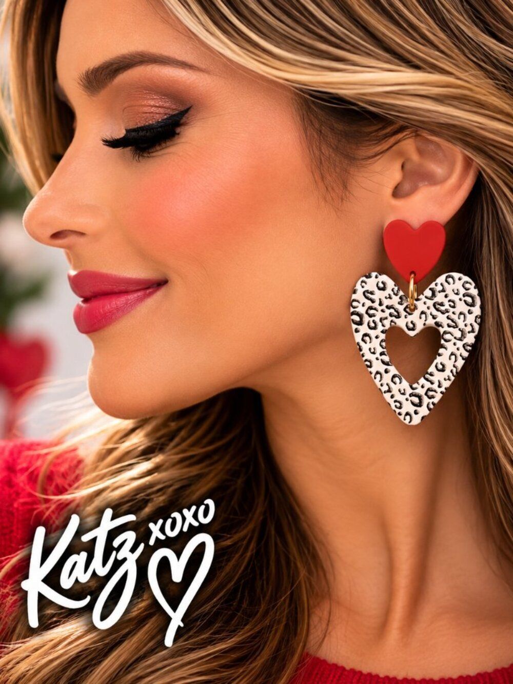 Leopard Print Heart Earrings Red White Black Acrylic Statement Dangle 2"